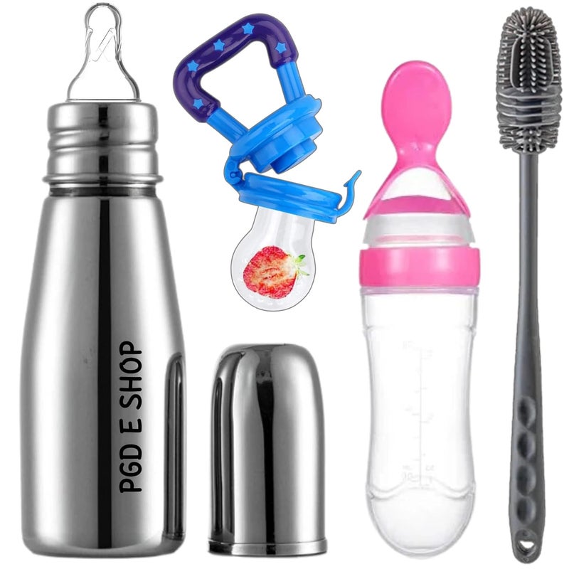 PGD Baby comprehensive feeding combo set Premium Steel Feeding Bottle, Silicone Baby Food Fruit Feeder Nibbler 10ml & Food Feeder Spoon 90ml with Long Handle Cleaning Brush (Slim 250ml Comprehensive Feeding Combo Set) - Image 1