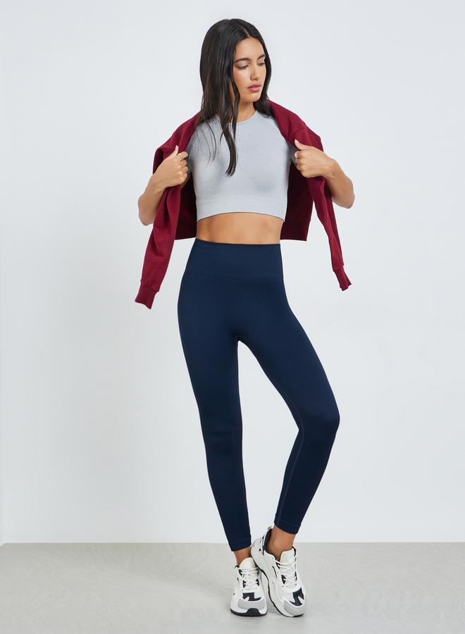 Styli Active Navy Blue Rib Textured Scrunch Back Leggings - Image 2