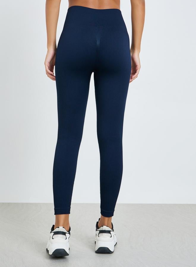 Styli Active Navy Blue Rib Textured Scrunch Back Leggings - Image 4