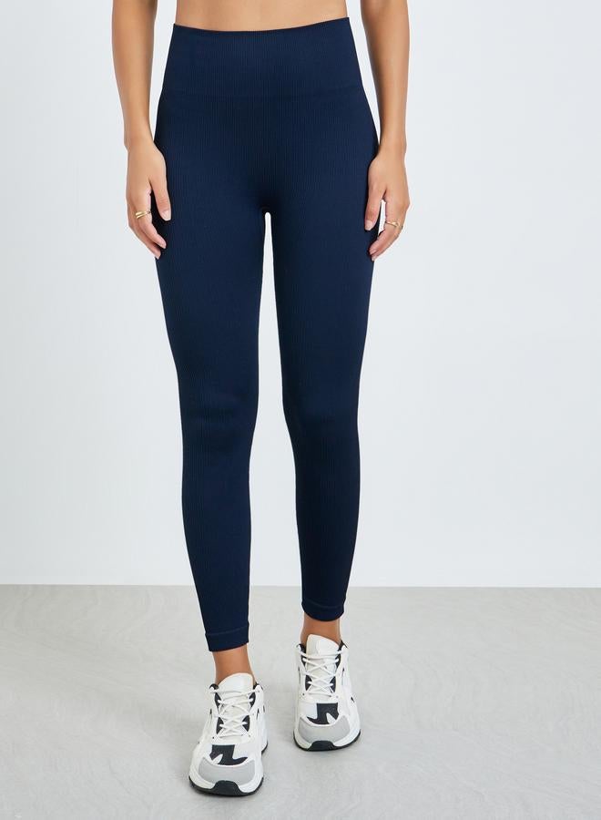 Styli Active Navy Blue Rib Textured Scrunch Back Leggings - Image 1