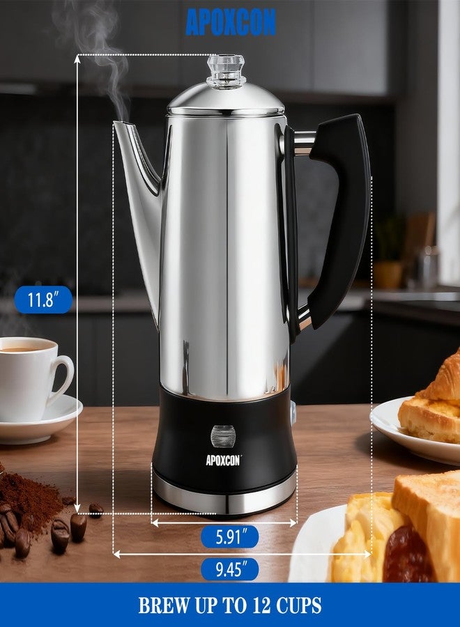 APOXCON Electric Coffee Percolator Stainless Steel Coffee Maker with Tough Glass Knob Classic Coffee Pot with On/OFF Switch Keep Warm & Cordless Serve No Aluminum (12 Cup) - Image 2