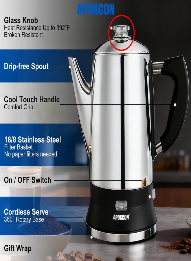 APOXCON Electric Coffee Percolator Stainless Steel Coffee Maker with Tough Glass Knob Classic Coffee Pot with On/OFF Switch Keep Warm & Cordless Serve No Aluminum (12 Cup) - Image 4