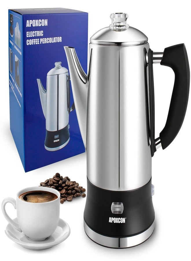 APOXCON Electric Coffee Percolator Stainless Steel Coffee Maker with Tough Glass Knob Classic Coffee Pot with On/OFF Switch Keep Warm & Cordless Serve No Aluminum (12 Cup) - Image 1