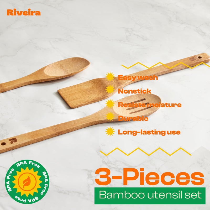 Riveira Dark Bamboo Wooden Spoons for Cooking 3-Piece, Apartment Essentials Wood Spatula Spoon Nonstick Kitchen Utensil Set Premium Quality Housewarming Gifts for Everyday Use - Image 4