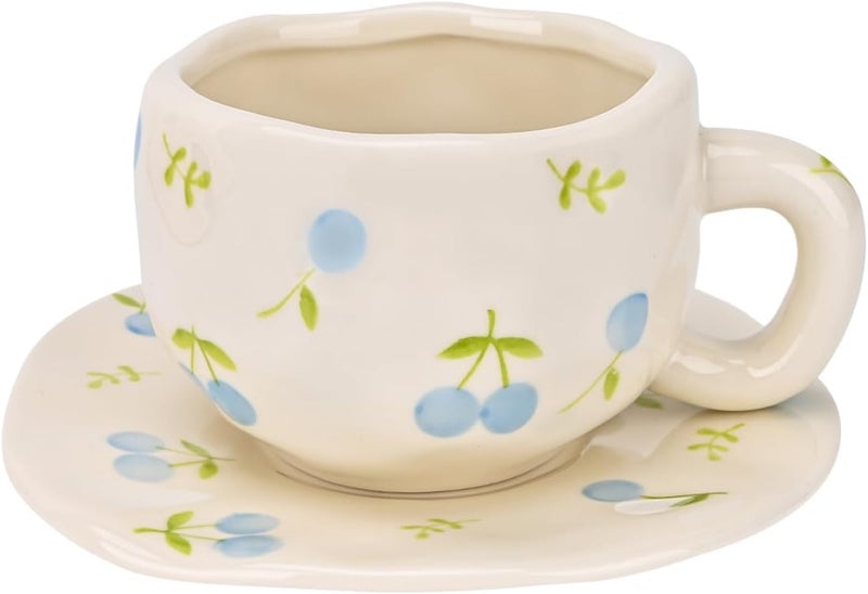 Koythin Ceramic Coffee Mug with Saucer Set, Cute Creative Fresh Fruit Cup Unique Irregular Design for Office and Home, 10 oz/300 ml for Latte Tea Milk - Image 1