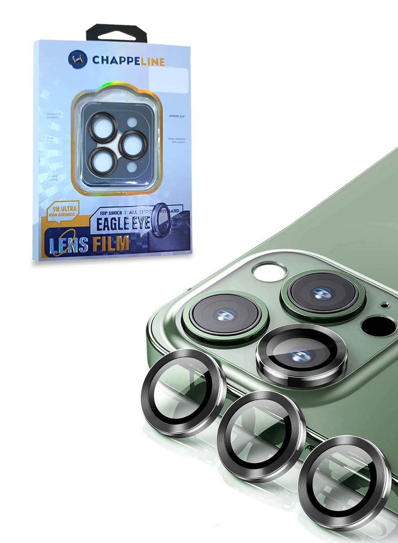 CHAPPELINE Apple iPhone 16 Pro / iPhone 16 Pro Max 2024 CHAPPELINE Premium Alloy Ring Camera Lens Tempered Glass Protector Shield (MLHICR) - Clear/Black - Image 1