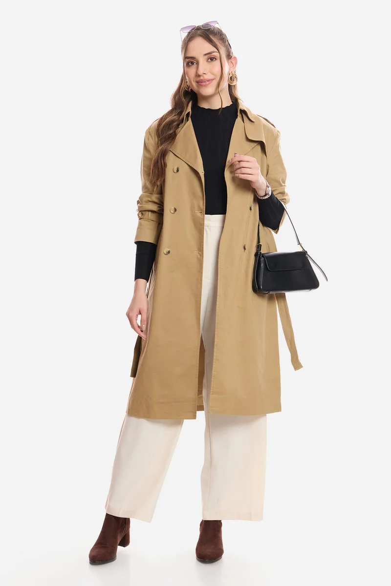فيرجيو Solid Cotton Belted Heritage Long Trench Coat for Women