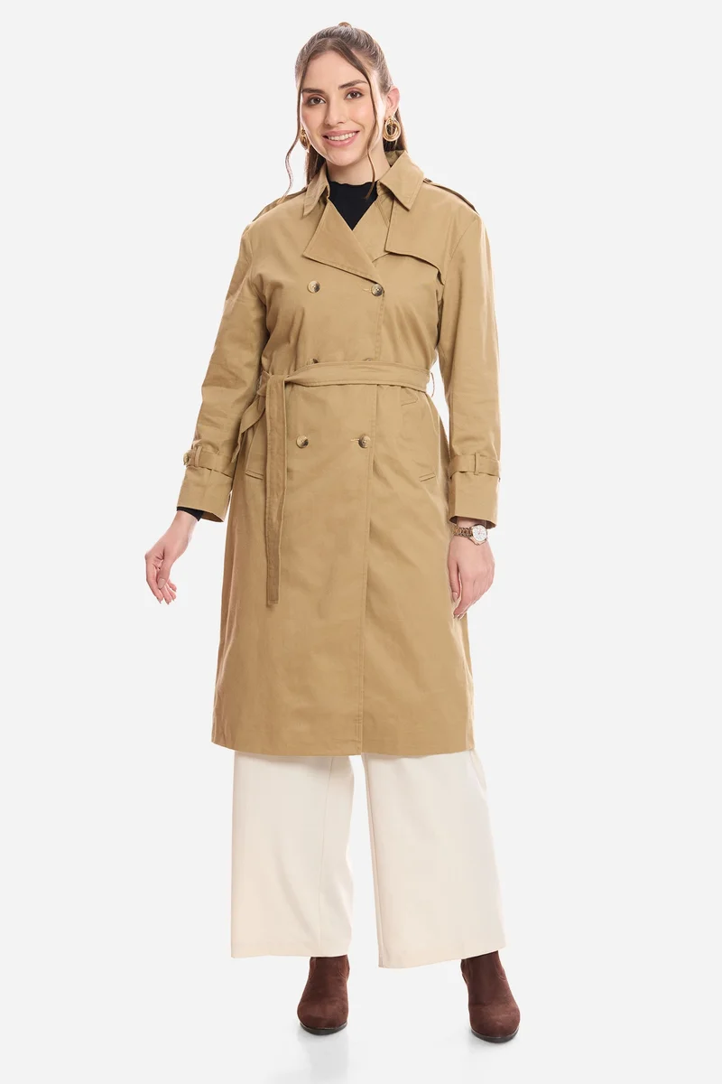 فيرجيو Solid Cotton Belted Heritage Long Trench Coat for Women