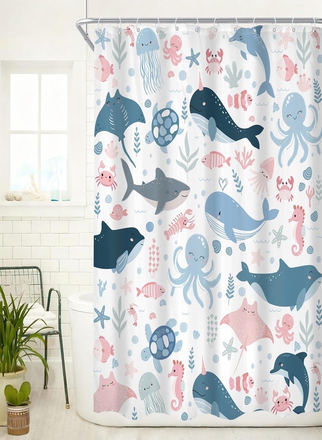 Cinbloo Funny Ocean Kids Shower Curtain 60Wx72H Cute Cartoon Sea Whale Fish Octopu Turtle Sealife Bathroom Curtain Set for Baby Boy Girl Nursery Blue Pink Underwater Bathroom Decor Fabric with 12 Hook - Image 1