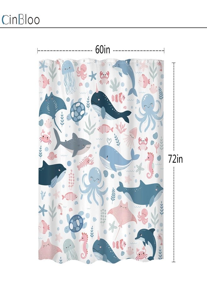 Cinbloo Funny Ocean Kids Shower Curtain 60Wx72H Cute Cartoon Sea Whale Fish Octopu Turtle Sealife Bathroom Curtain Set for Baby Boy Girl Nursery Blue Pink Underwater Bathroom Decor Fabric with 12 Hook - Image 5