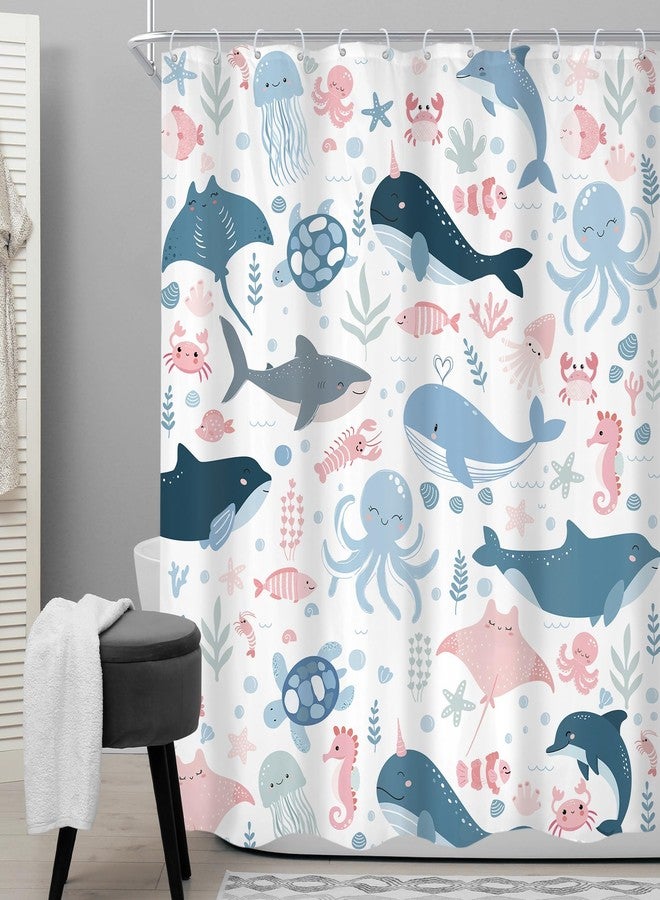 Cinbloo Funny Ocean Kids Shower Curtain 60Wx72H Cute Cartoon Sea Whale Fish Octopu Turtle Sealife Bathroom Curtain Set for Baby Boy Girl Nursery Blue Pink Underwater Bathroom Decor Fabric with 12 Hook - Image 2