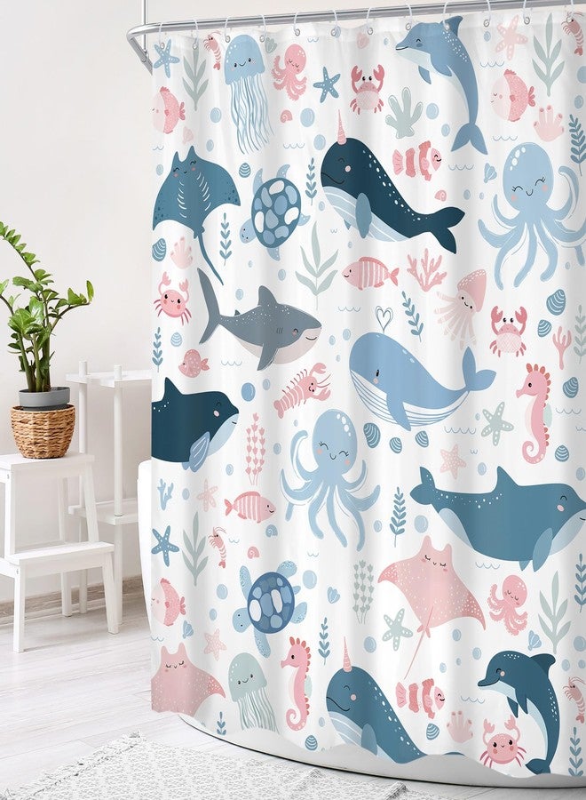 Cinbloo Funny Ocean Kids Shower Curtain 60Wx72H Cute Cartoon Sea Whale Fish Octopu Turtle Sealife Bathroom Curtain Set for Baby Boy Girl Nursery Blue Pink Underwater Bathroom Decor Fabric with 12 Hook - Image 3