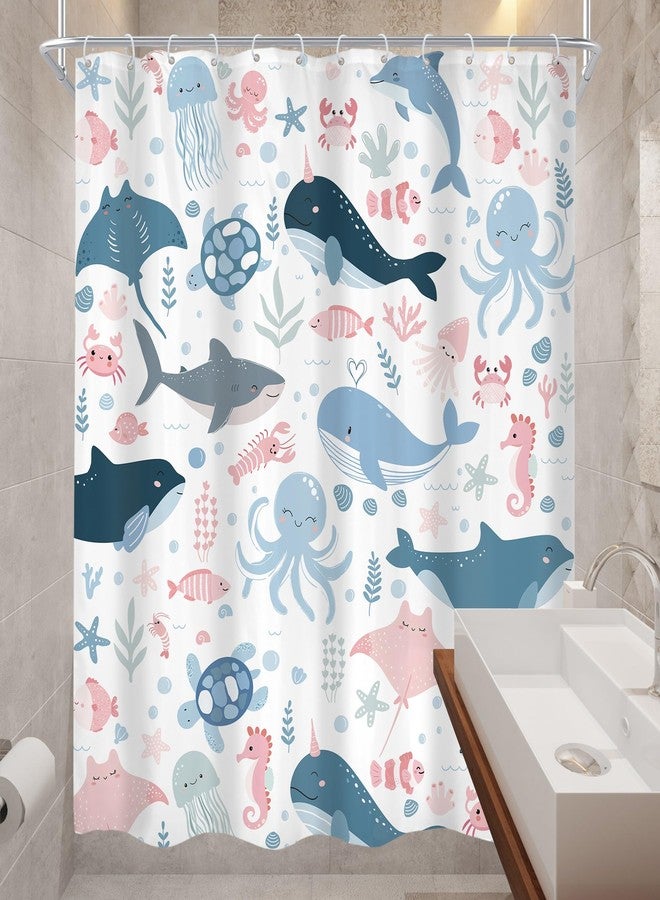 Cinbloo Funny Ocean Kids Shower Curtain 60Wx72H Cute Cartoon Sea Whale Fish Octopu Turtle Sealife Bathroom Curtain Set for Baby Boy Girl Nursery Blue Pink Underwater Bathroom Decor Fabric with 12 Hook - Image 4