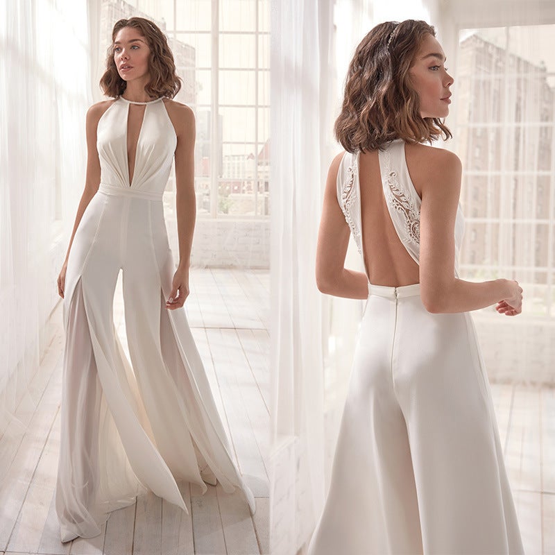 2020 Sexy Deep V Halter Jumpsuit Casual Pants White