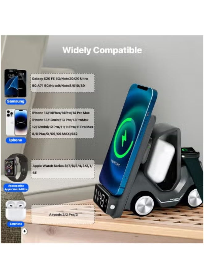 TIGER Wireless Charging Station Fast Charger Dock for Apple iPhone 15/14/13/12 Series, AirPods Pro/3/2, and Apple Watch – Multifunctional 3-in-1 Wireless Charging Stand with Built-In Alarm Clock, LED Night Light, Qi-Certified, Smart Safety Features - Image 3
