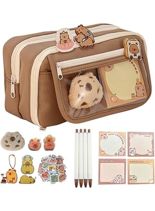 مقلمة كابيبارا لطيفة شفافة متعددة الطبقات بسعة كبيرة، مقلمة مدرسية جمالية مزينة بدبابيس ودمى كابيبارا قطيفة، حافظة أقلام للبنات بتصميم أنيق ومميز، مناسبة للمدرسة والمكتب – أدوات مكتبية – مقلمة شفافة – لون بني - Image 1