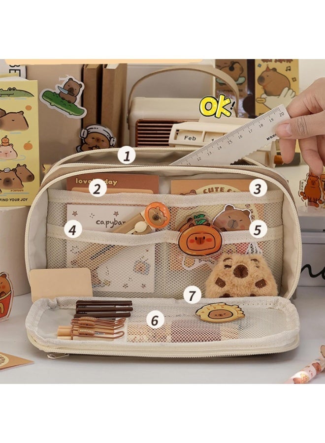 مقلمة كابيبارا لطيفة شفافة متعددة الطبقات بسعة كبيرة، مقلمة مدرسية جمالية مزينة بدبابيس ودمى كابيبارا قطيفة، حافظة أقلام للبنات بتصميم أنيق ومميز، مناسبة للمدرسة والمكتب – أدوات مكتبية – مقلمة شفافة – لون بني - Image 2