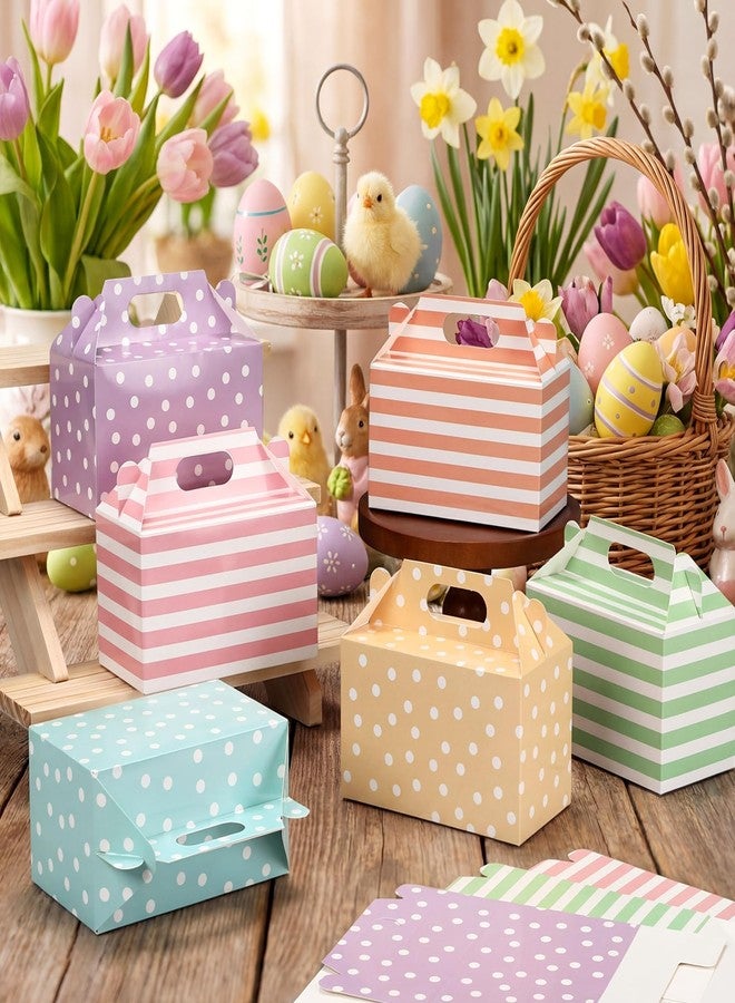 Glenmal 24 Pcs Easter Treat Boxes Pastel Polka Dot Stripe Gift Paperboard Box Spring Colorful Paper Candy Gift Gable Bags with Handle for Easter Holiday Party Cookie Goodie Snack Packaging - Image 5