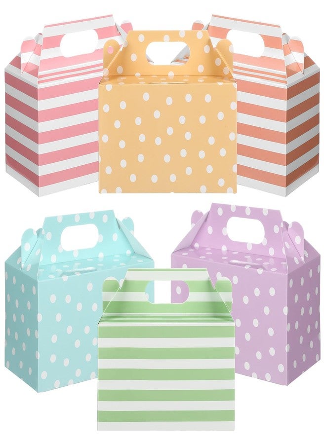 Glenmal 24 Pcs Easter Treat Boxes Pastel Polka Dot Stripe Gift Paperboard Box Spring Colorful Paper Candy Gift Gable Bags with Handle for Easter Holiday Party Cookie Goodie Snack Packaging - Image 1
