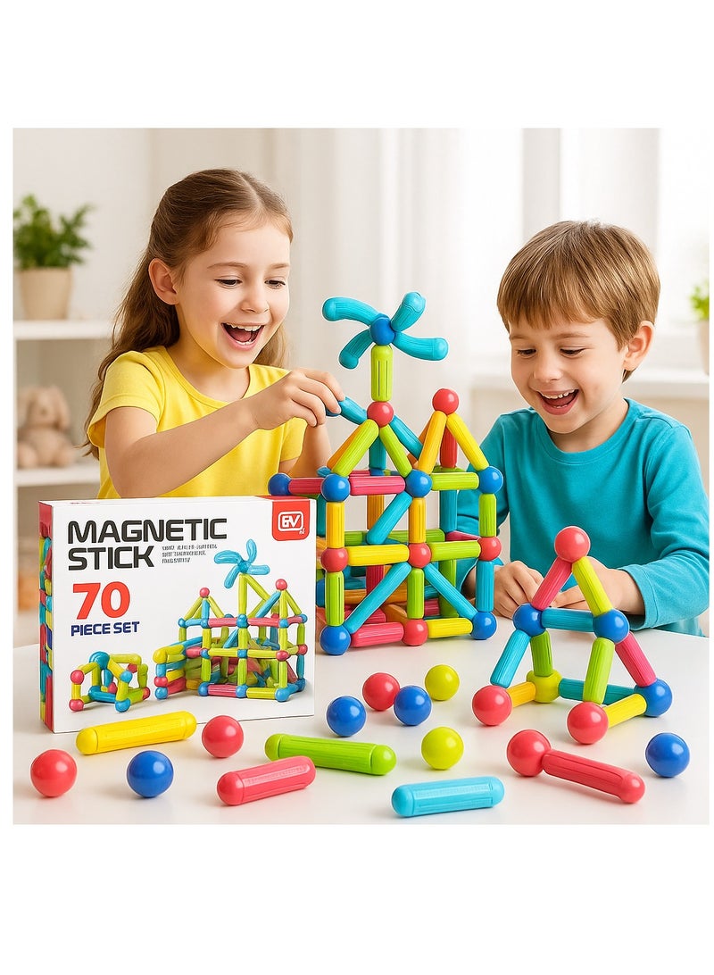 مجموعة ألعاب العصي والكرات المغناطيسية، مجموعة مكعبات بناء مغناطيسية، 70 قطعة، ألعاب تعليمية لمرحلة ما قبل المدرسة من مونتيسوري، مجموعة بناء مغناطيسية تعليمية مبكرة للأطفال من سن 3 سنوات فما فوق - Image 1