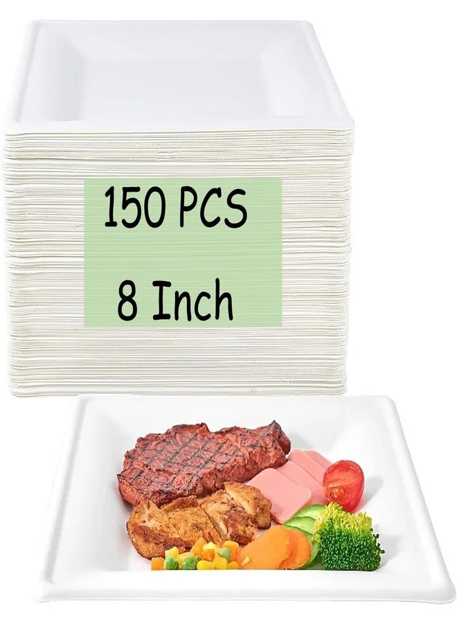 LISHINE 150 Count Square Compostable Paper Plates - 8 Inch White Biodegradable Disposable Dessert Plates for Daily Meals, Dinner, Parties, BBQ - Image 1