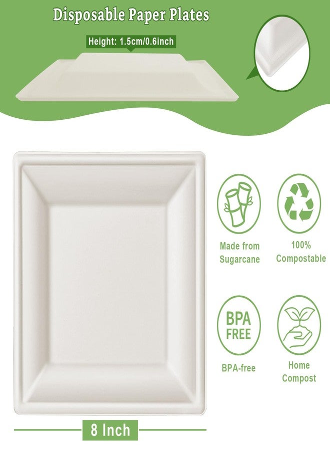 LISHINE 150 Count Square Compostable Paper Plates - 8 Inch White Biodegradable Disposable Dessert Plates for Daily Meals, Dinner, Parties, BBQ - Image 2