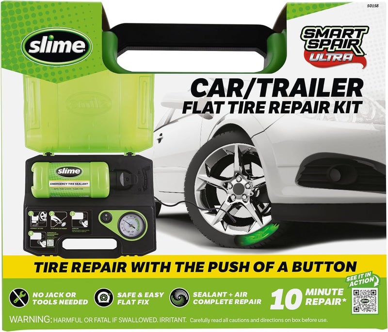 Slime Smart Spair Ultra Flat Tire Repair Kit - All-in-One Solution for Car/Trailer, 10 Minute Fix - Image 1