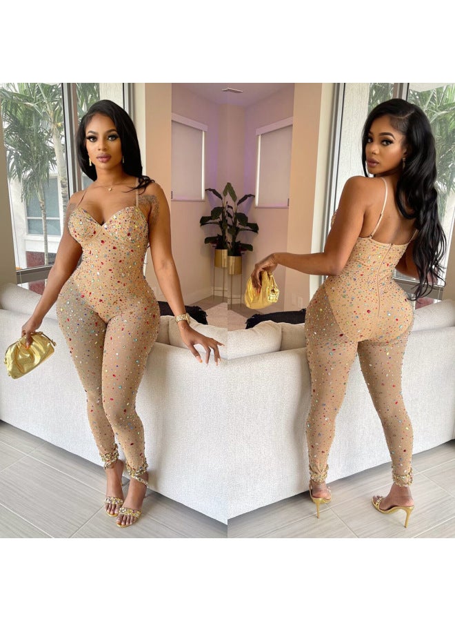 Women's Clothing Hot Fashion Heavy-duty Colorful Rhinestone Mesh Suspender Dress Jumpsuit