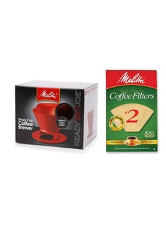 Melitta Pour Over Coffee Cone Brewer & 2 Filter Natural Brown Combo Set Red 