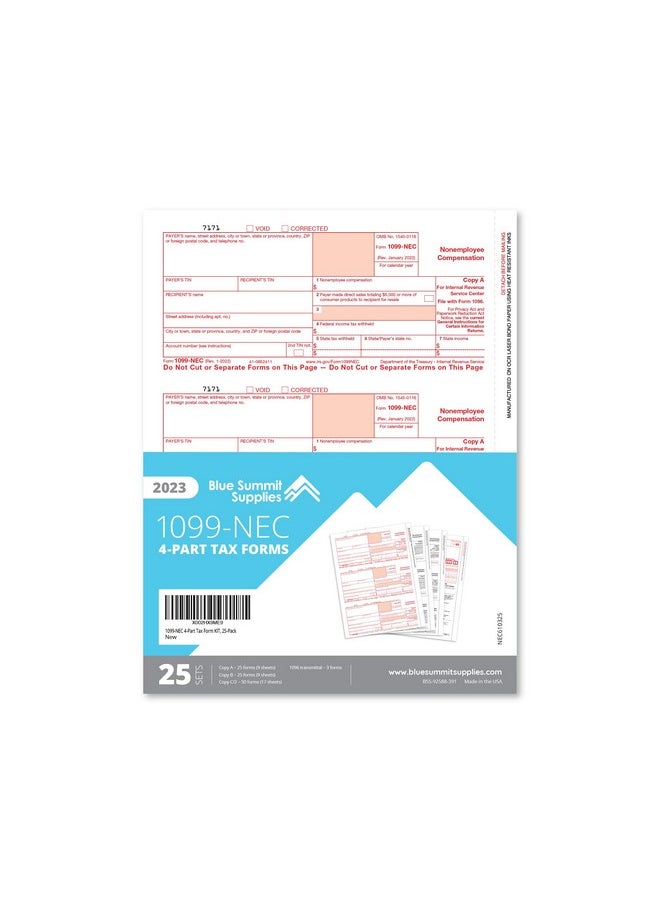 Blue Summit Supplies - 1099Nec 4Part Tax Form Kit 2023 Use With Quickbooks And Accounting Software 25 Pack Software And Envelopes Not Included - Image 1