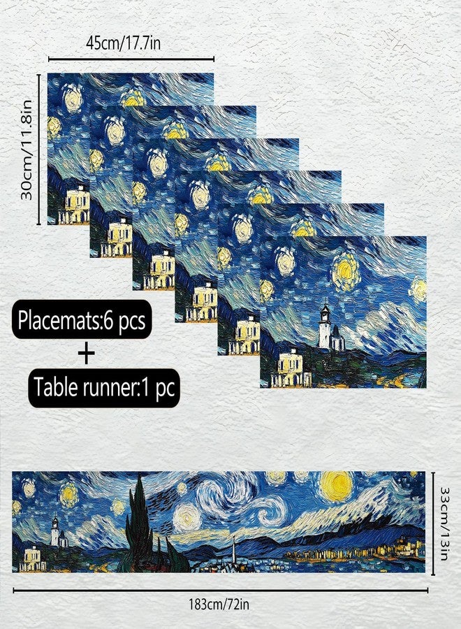 THISFIND Vincent Van Gogh Starry Night Table Runner and Placemats Set – 1 Table Runner + 6 Placemats – Classic Fine Art Dining Decor – Starry Sky Design Inspired by Van Gogh - Image 2