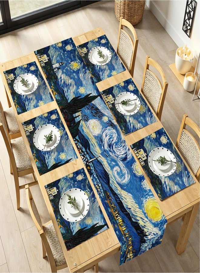 THISFIND Vincent Van Gogh Starry Night Table Runner and Placemats Set – 1 Table Runner + 6 Placemats – Classic Fine Art Dining Decor – Starry Sky Design Inspired by Van Gogh - Image 1