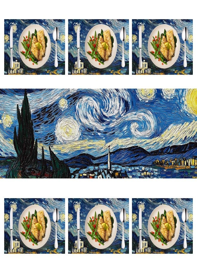 THISFIND Vincent Van Gogh Starry Night Table Runner and Placemats Set – 1 Table Runner + 6 Placemats – Classic Fine Art Dining Decor – Starry Sky Design Inspired by Van Gogh - Image 3