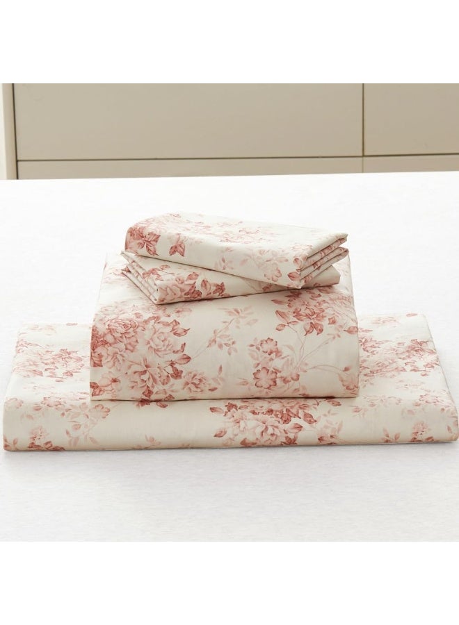 DAUAOTO 100% Cotton Bedding Printed Sheets Set for Queen Size Bed Up to 14" Deep Mattress, Toile Rose Floral Pattern Bedlinen Sets, Pale Red - Image 2