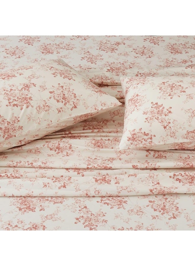 DAUAOTO 100% Cotton Bedding Printed Sheets Set for Queen Size Bed Up to 14" Deep Mattress, Toile Rose Floral Pattern Bedlinen Sets, Pale Red - Image 1