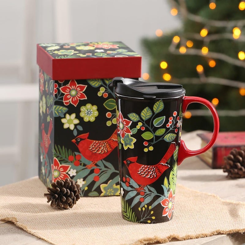 TZSSP Coffee Ceramic Mug Porcelain Latte Tea Cup With Lid in Gift Box 17ounce Cardinal Bird - Image 2