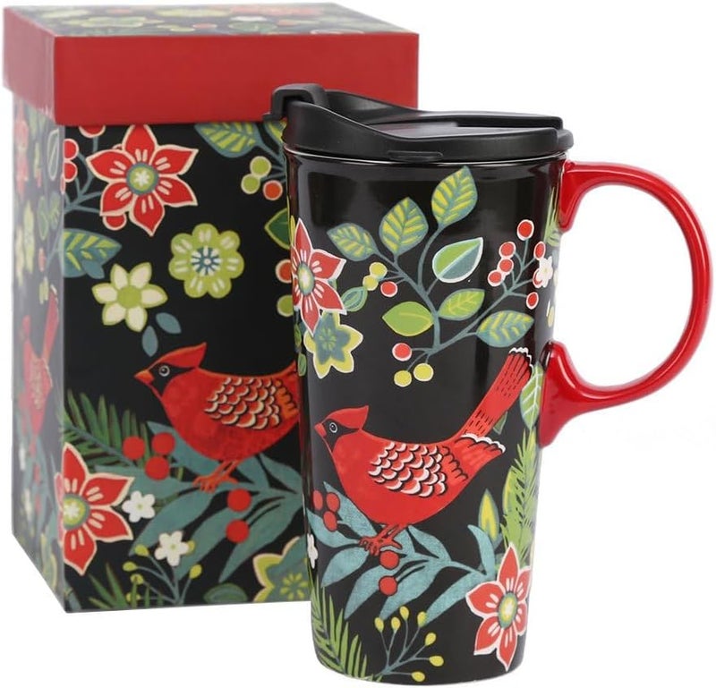 TZSSP Coffee Ceramic Mug Porcelain Latte Tea Cup With Lid in Gift Box 17ounce Cardinal Bird - Image 1