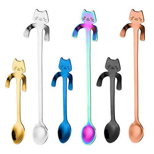 PBIEHSR Cat Spoon Coffee Teaspoon, PBIEHSR Stainless Steel Hanging Cup Tea Spoon Two Different Lengths Dessert Scoop for Stirring Drink Mixing Milkshake Jam, Set of 6 (Multicolor) - Image 1