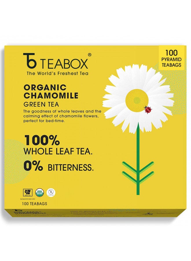 Teabox Teabox Premium Organic Green Tea With Chamomile Flowers | 100% Whole Leaf Green Tea Leaves With Whole Chamomile Flower | 0% Bitterness | USDA ORGANIC | 100 Tea Bags (Low Caffeine)  - Image 1
