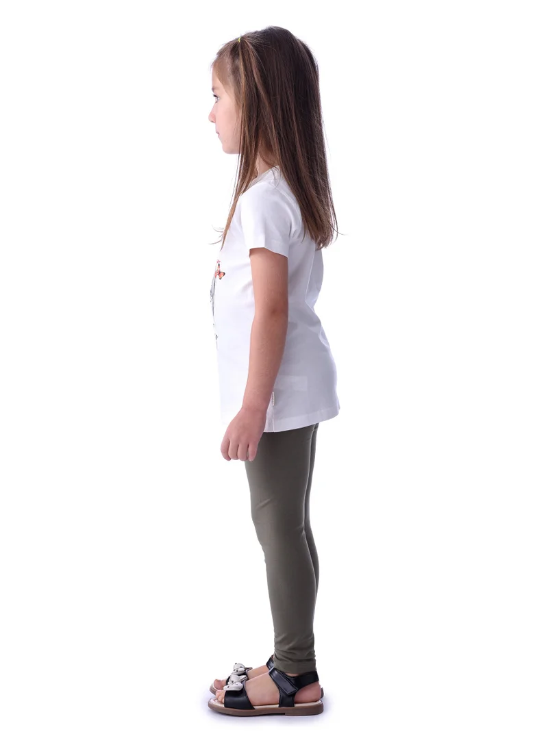 Victor And Jane  Girls’ 2-Piece Outfit Set - (2-8 Years) Offwhite Tee & Olive Legging for Kids | Best Price UAE