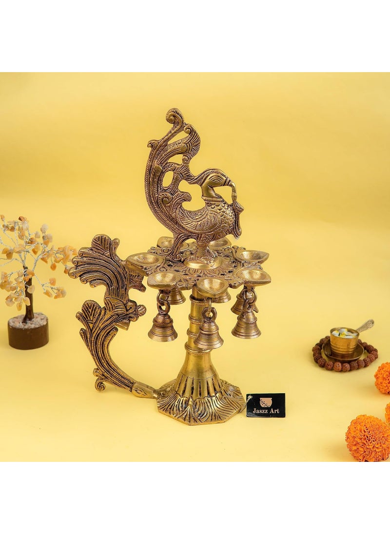 Jaszz Art Jaszz Art Brass Peacock Diya for Table Decor 22x17x33 cm and 2300g Ethnic Handmade Decorative Curved Oil Wick Antique Mayur Deepak Lamp for Home Temple Puja Room Office Counter Decoration Festival  - Image 1