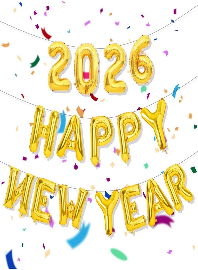 WSepascI Gold Happy New Year Balloons 2026, 16 Inch 2026 Foil Number Balloons, New Year Balloon for Bar Home Festival Happy Lunar New Years 2026 New Year's Eve Anniversary Party Decorations Supplies - Image 1