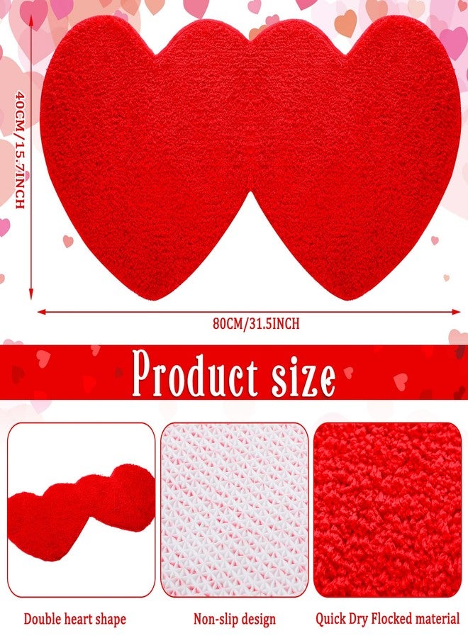 Hoolerry Valentines Heart Rug Double Heart Shaped Bathroom Rug Decorative Non Slip Doormat Washable Love Shag Shower Mat Home Bedroom Living Room 15.75 x 31.5 Inch(Red) - Image 2