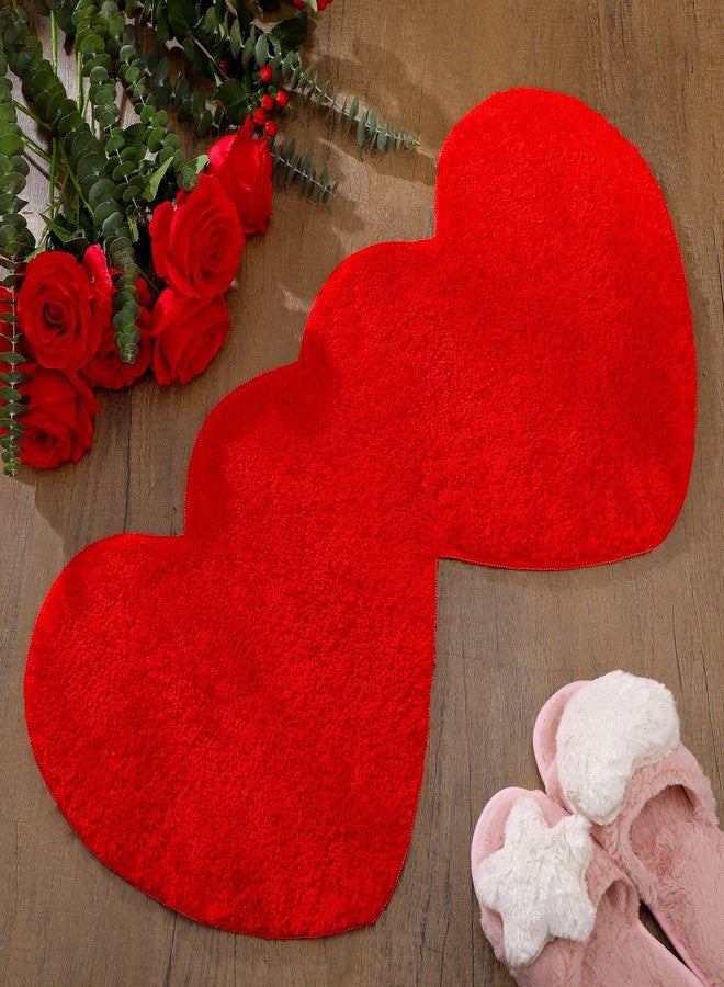 Hoolerry Valentines Heart Rug Double Heart Shaped Bathroom Rug Decorative Non Slip Doormat Washable Love Shag Shower Mat Home Bedroom Living Room 15.75 x 31.5 Inch(Red) - Image 1