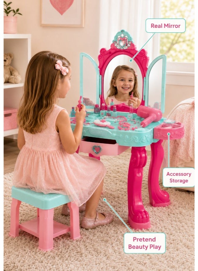 DAT Beauty Vanity Playset with Tri-Fold Mirror & Accessories, 26-Piece Princess Makeup Dressing Table for Girls Ages 3+ - Image 3
