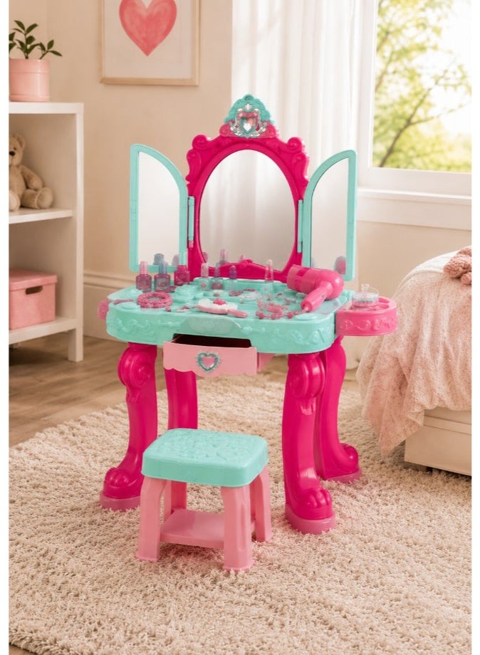 DAT Beauty Vanity Playset with Tri-Fold Mirror & Accessories, 26-Piece Princess Makeup Dressing Table for Girls Ages 3+ - Image 2