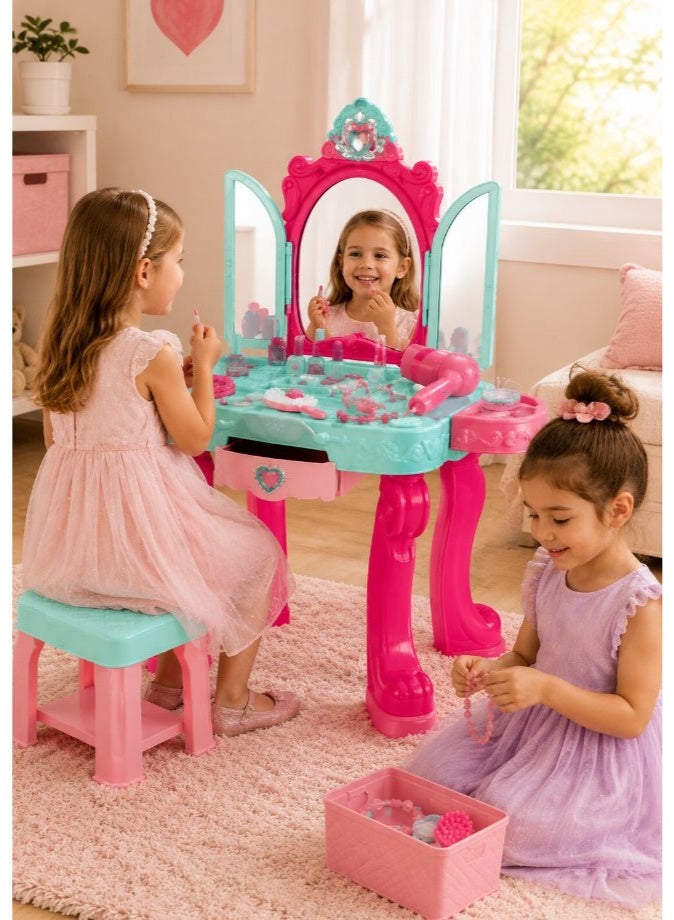 DAT Beauty Vanity Playset with Tri-Fold Mirror & Accessories, 26-Piece Princess Makeup Dressing Table for Girls Ages 3+ - Image 1