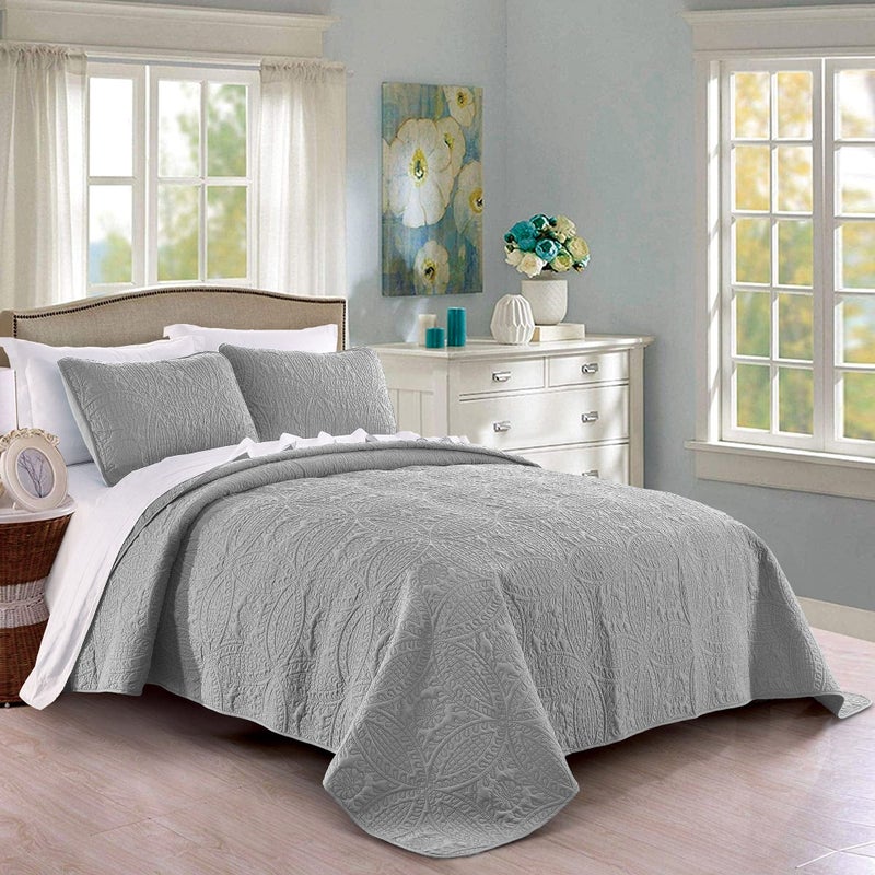 Pure Bedding طقم لحاف Pure Bedding مقاس كامل/كوين، رمادي فاتح - غطاء سرير كبير الحجم - غطاء سرير ناعم وخفيف الوزن من الألياف الدقيقة مناسب لجميع الفصول - 3 قطع تشمل لحاف واحد و2 غطاء وسادة، بنقشة هندسية - Image 1