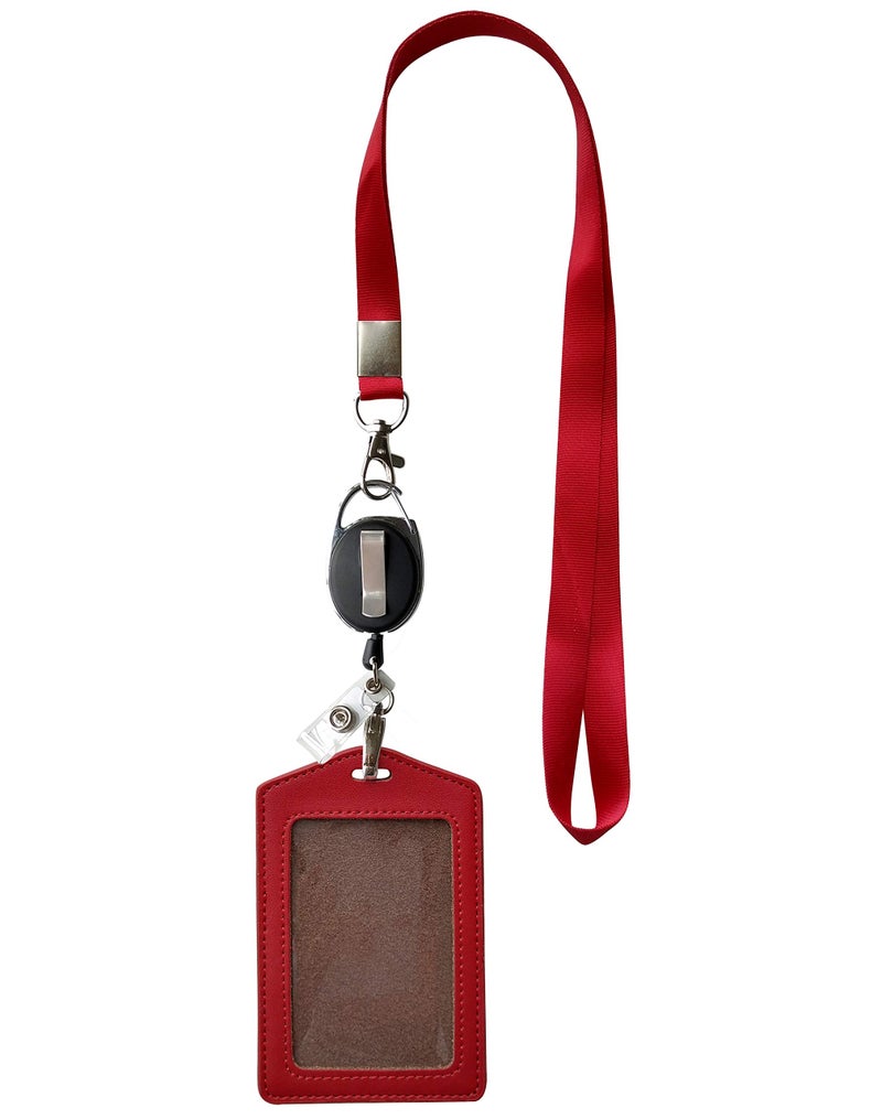 HoAoOo ID Card Case + Heavy Duty Lanyard (Red)+ Badge Holder Retractable Reel Carabiner and Plastic Clip (Soft Genuine Leather Case) - Image 2