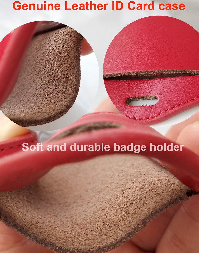 HoAoOo ID Card Case + Heavy Duty Lanyard (Red)+ Badge Holder Retractable Reel Carabiner and Plastic Clip (Soft Genuine Leather Case) - Image 4